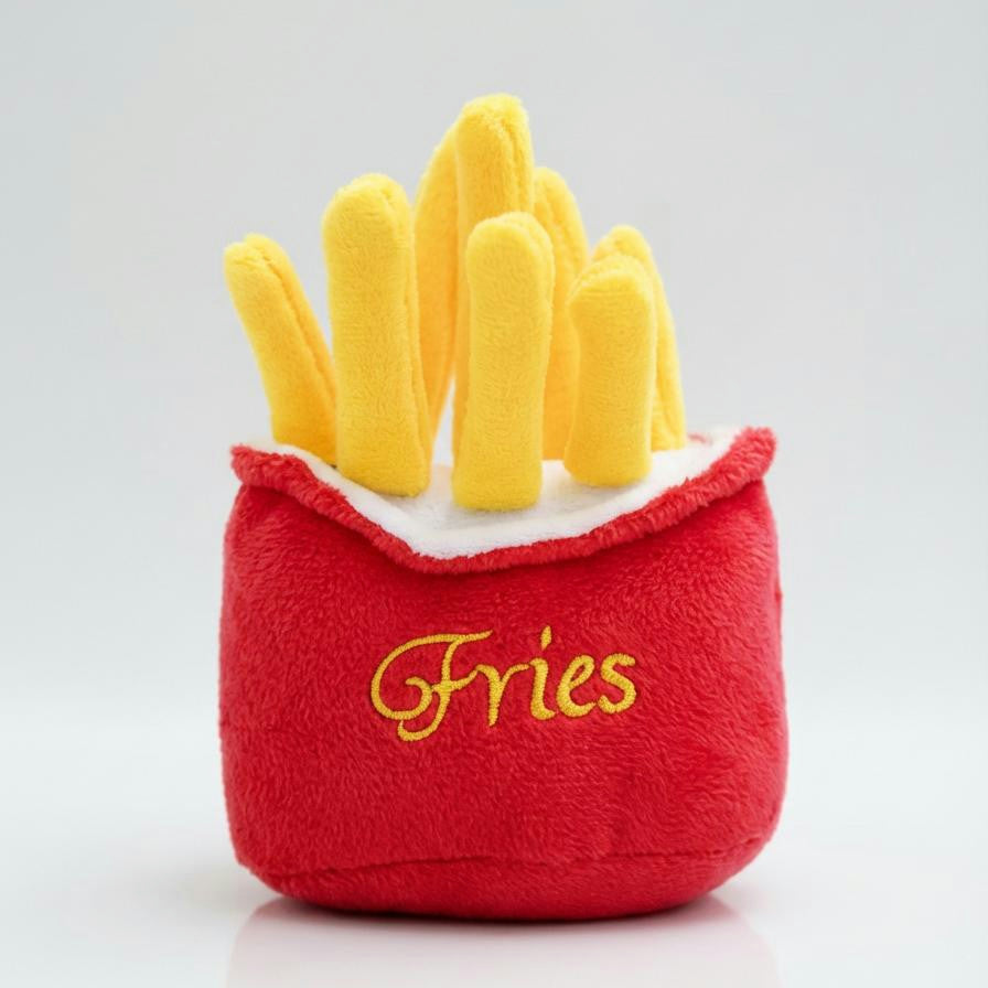 Plush toy resembling a basket of fries with 'Fries' text on a white background