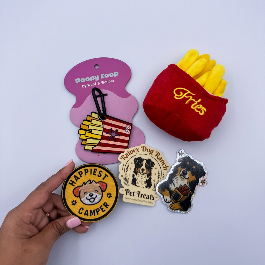 Collection of dog-themed products including a toy with fries, a 'Happy Camper' patch, and a 'Pet Treats' bag on a light purple background.