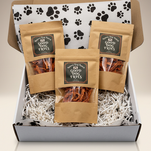 Box of 'Good Dog Fries' pet treats with paw print design on the box.