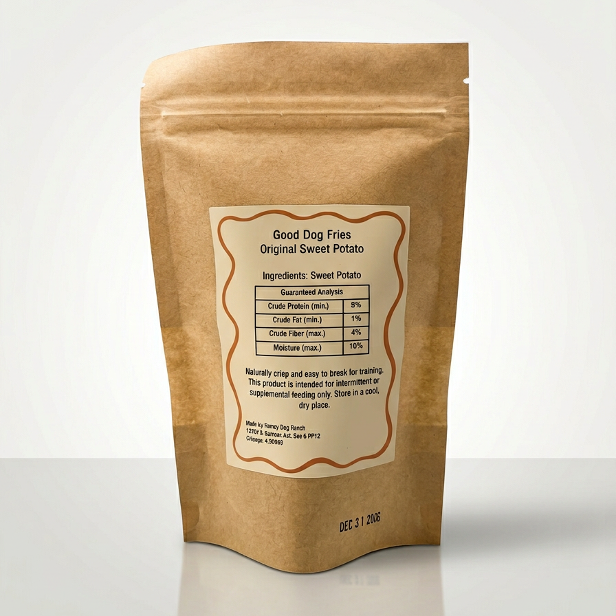 Kraft paper packaging of Good Dog Fries Original Sweet Potato on a white background