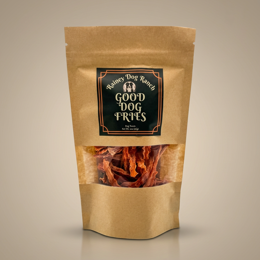 Kraft paper bag with 'Good Dog Fries' label on a beige background