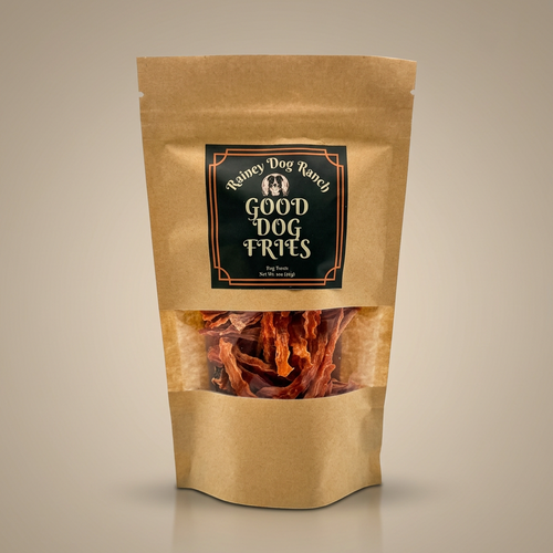 Kraft paper bag with 'Good Dog Fries' label on a beige background