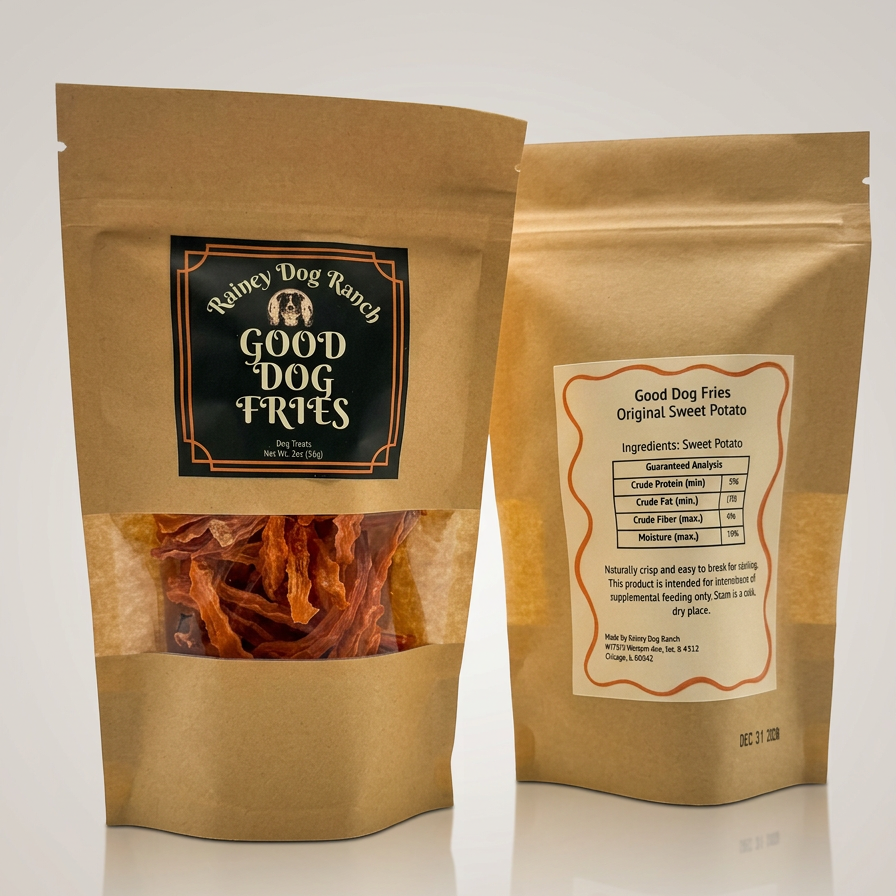 Two packages of Good Dog Fries from Rainey Dog Ranch on a white background