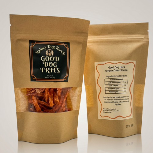 Two packages of Good Dog Fries from Rainey Dog Ranch on a white background