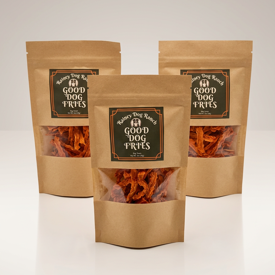 Three packages of 'Good Dog Fries' on a white background