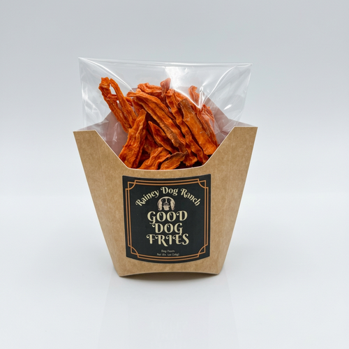 Kraft paper container with clear lid filled with dog treats, branded 'Good Dog Paws'.