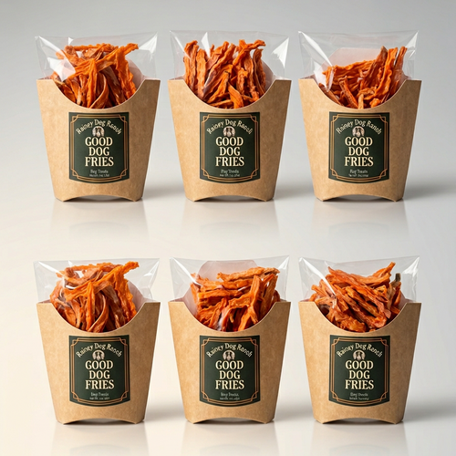 Six packages of 'Good Dog Fries' on a light gray background