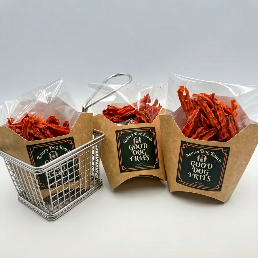 Three packages of 'The Good Dog Fries' dog treats on a white surface.