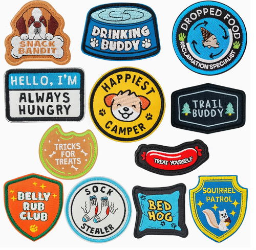 Collection of colorful dog-themed patches on a white background